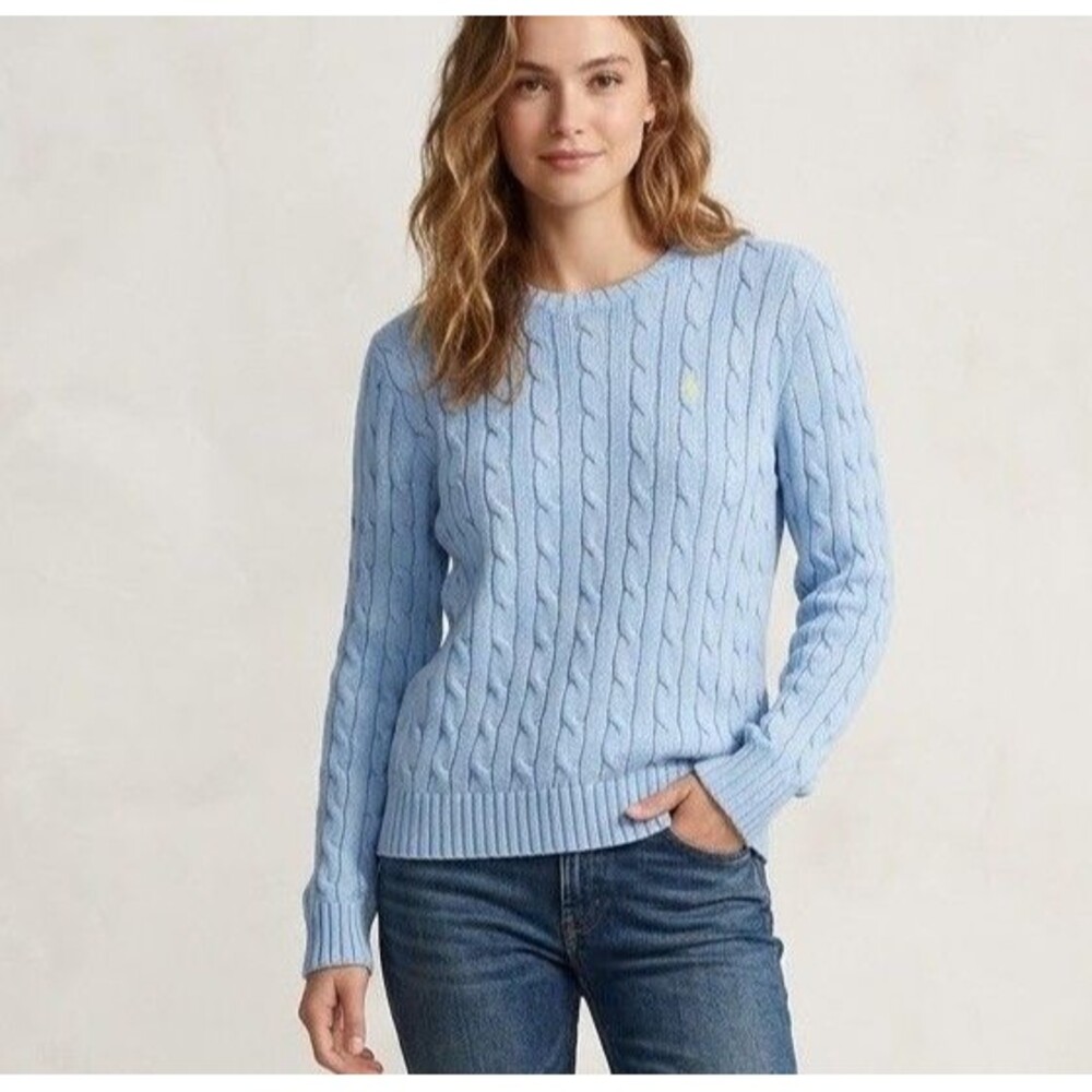 Ralph Lauren Sport Sweater Womens L Baby Blue Cable Knit Cotton Yellow Pony VTG